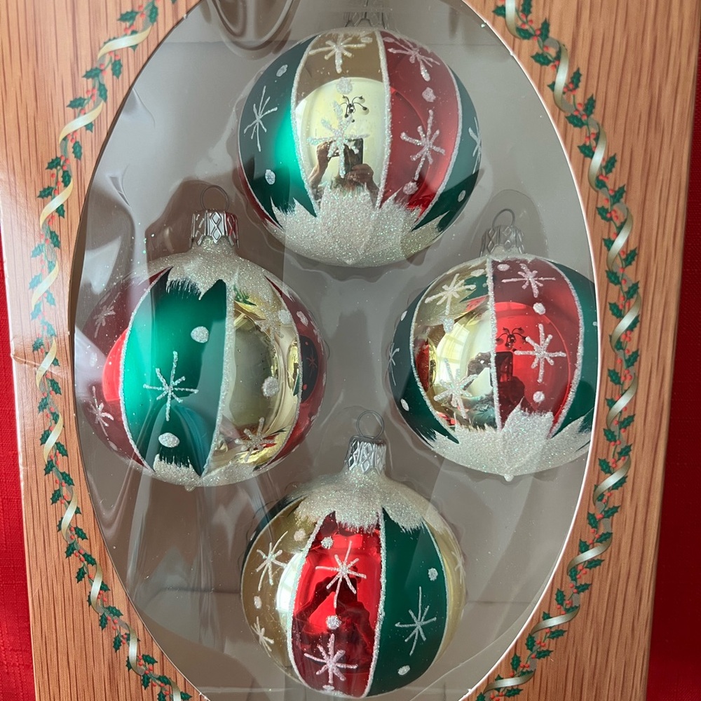 4 Christmas By Krebs ornaments red green gold silver glitter balls snow 2 1/2”